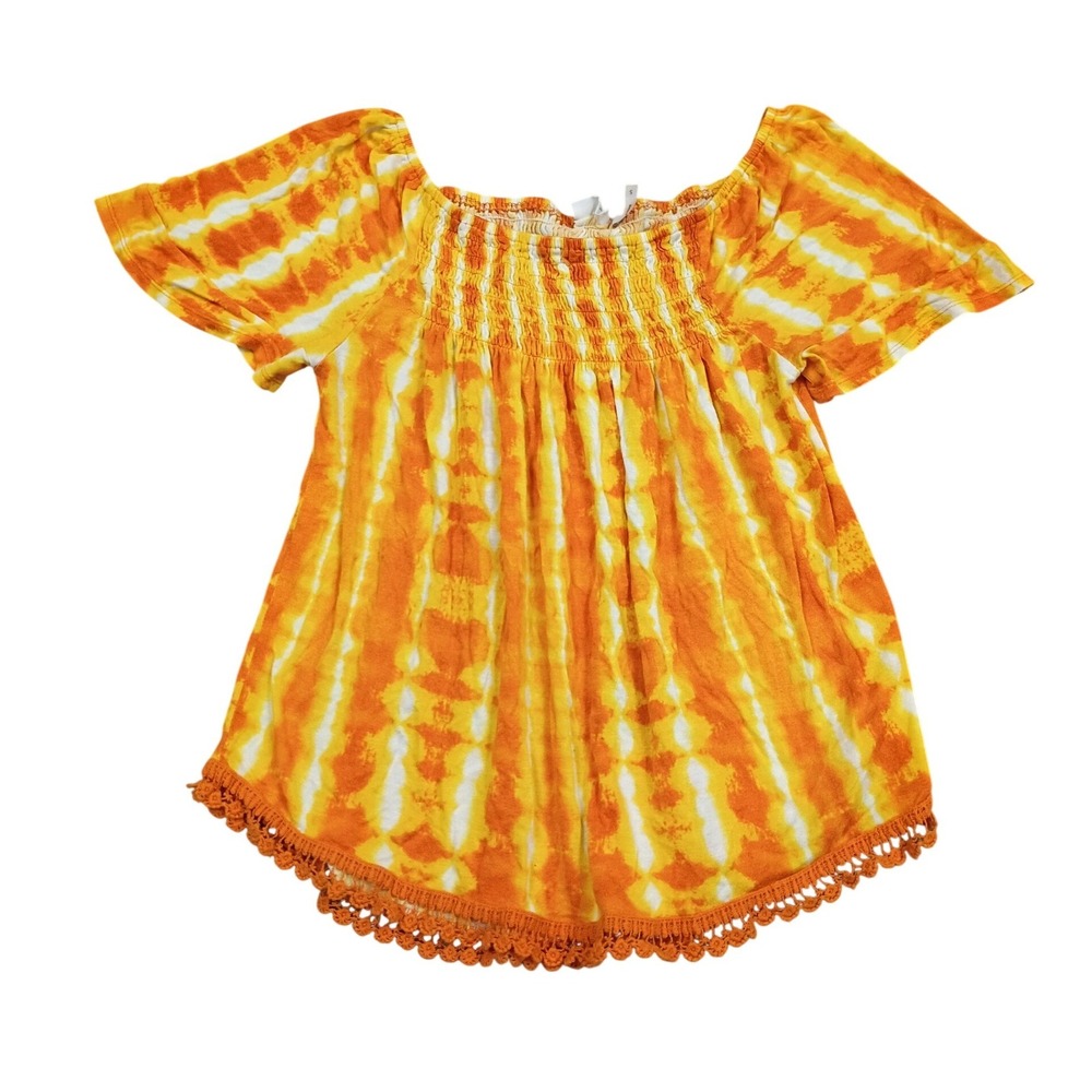 LUQ Tie Dye Blouse Womens Small Orange Yellow Boho Crochet Smocked Summer Top